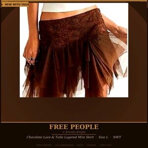 Free People x Brenda Knight Brown Lace Tulle Layered Mini Skirt | Size L | NWT